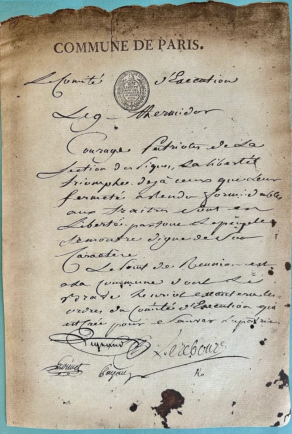 Maximilien Robespierre - Appel de la Commune à la section des Piques le 9 thermidor an II (27 juillet 1794) signé Louvet, Payan, Lerebourgs, Legrand, Ro(bespierre). Musée Carnavalet (Paris).