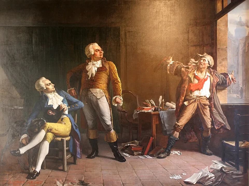 Maximilien Robespierre - Marat ayant une conversation animée avec Danton (debout) et Robespierre (assis) par Alfred Loudet, 1882.
