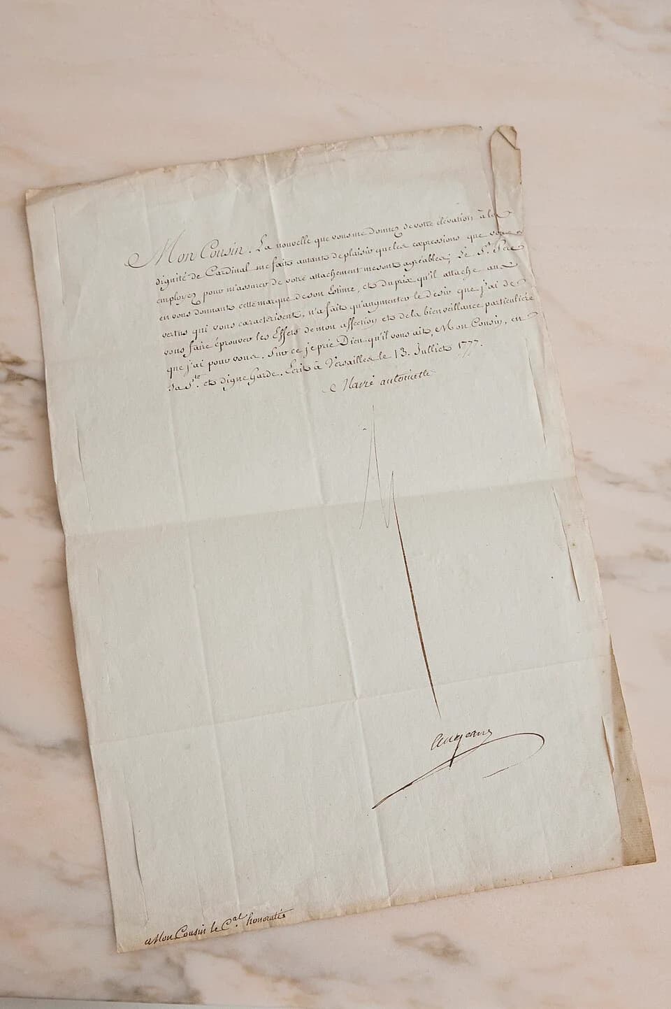 Marie Antoinette - Lettre de Marie Antoinette à Bernardino Honorati en 1777 pour le féliciter de sa nomination comme cardinal