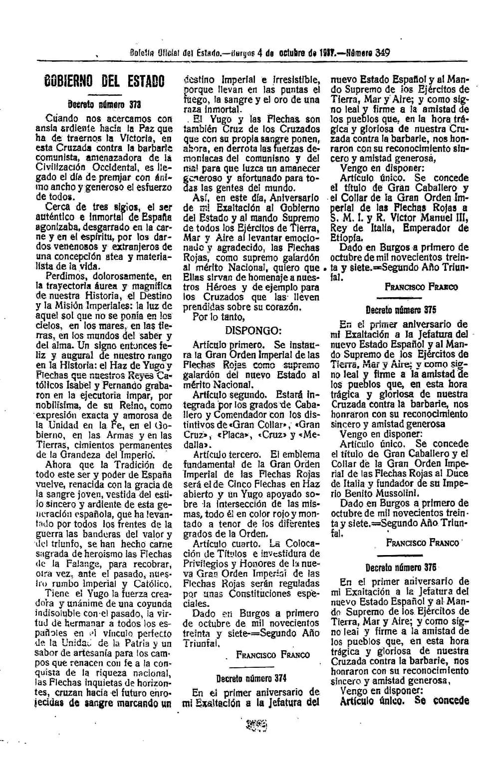 Francisco Franco - Zona ocupada por los fascistas en España (1937). Boletín Oficial del Estado.--Burgos 4 de octubre de 1937.--Número 349. Fragmento 1 de 2. Benito Mussolini y Adolf Hitler reciben de