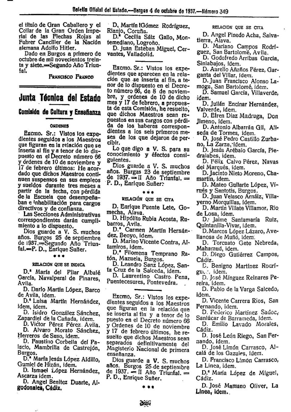 Francisco Franco - Zona ocupada por los fascistas en España (1937). Boletín Oficial del Estado.--Burgos 4 de octubre de 1937.--Número 349. Fragmento 2 de 2. Benito Mussolini y Adolf Hitler reciben de