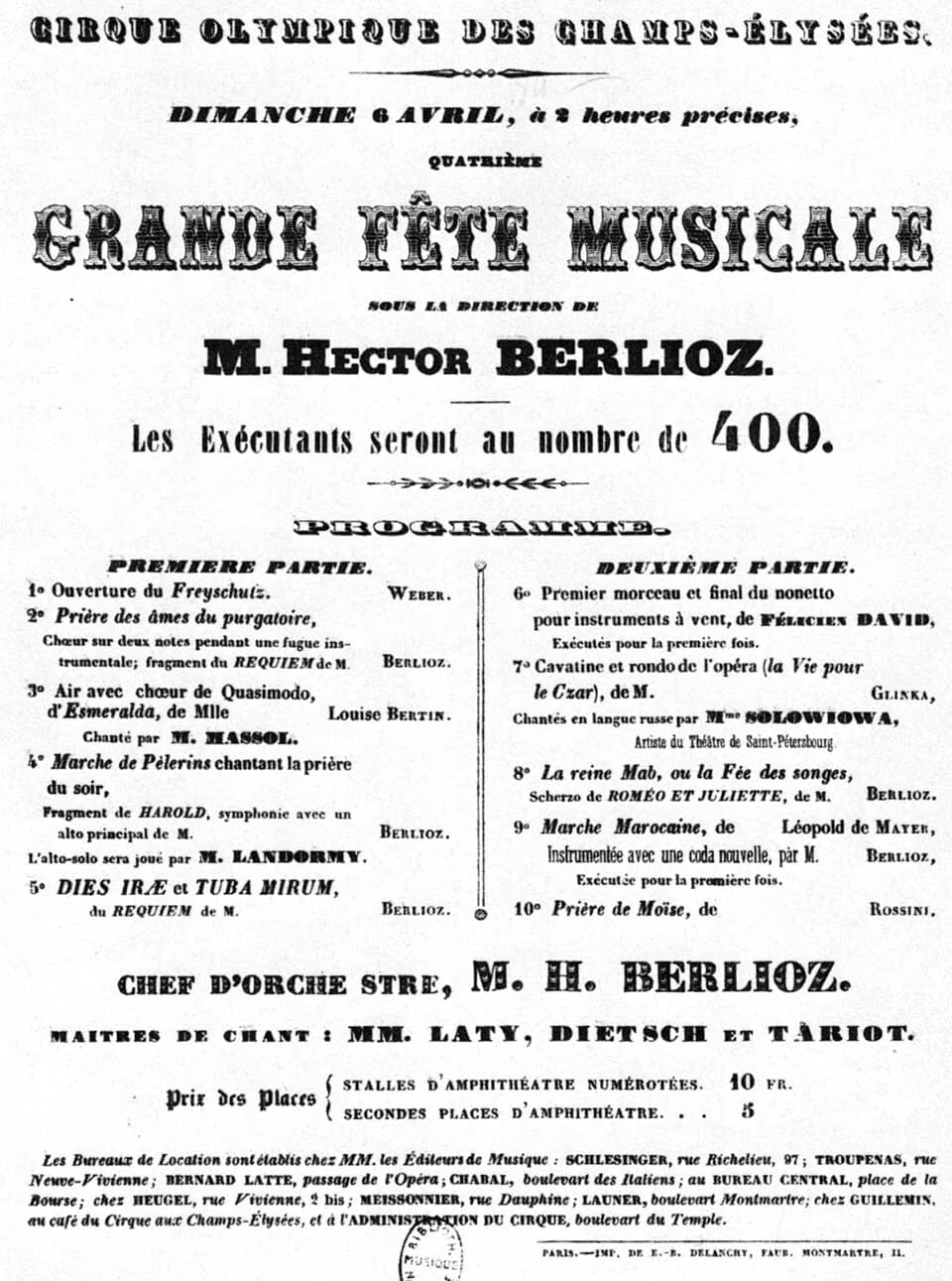 Hector Berlioz - Handbill for a concert conducted by the French composer Hector Berlioz at the Cirque Olympique des Champs-Élysées on 6 April 1845