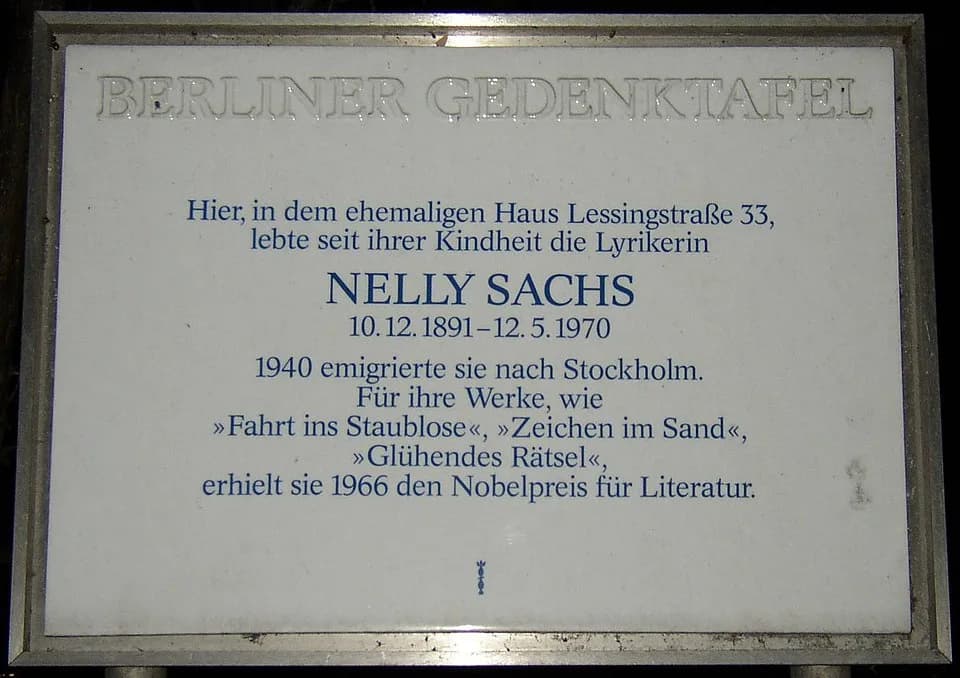 Nelly Sachs - Berlin memorial plaque for Nelly Sachs, Lessingstraße 5 (former no. 33), 10555 Berlin, Germany; placed at the entrance of Hansachule, the residential building was destroyed by bombings