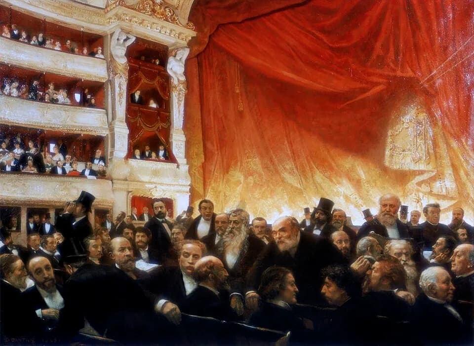 Alexandre Dumas fils - Edouard Dantan Un Entracte à la Comédie-Française un soir de première, en 1885.jpg