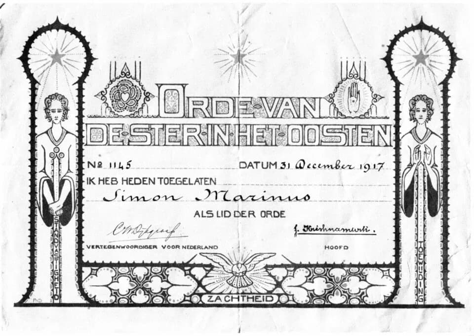 Jiddu Krishnamurti - Membership Certificate of the Order of the Star in the East