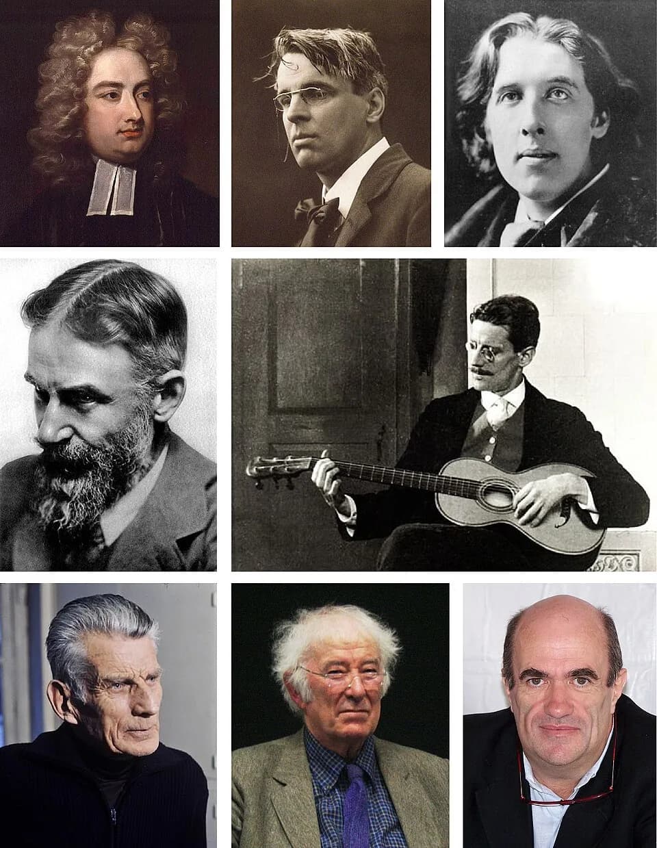 Seamus Heaney - A montage of notable Irish Writers. Top left: Jonathan Swift. Top centre: W. B. Yeats. Top right: Oscar Wilde. Centre left: G.B. Shaw. Centre right: James Joyce. Bottom left: Samuel Be