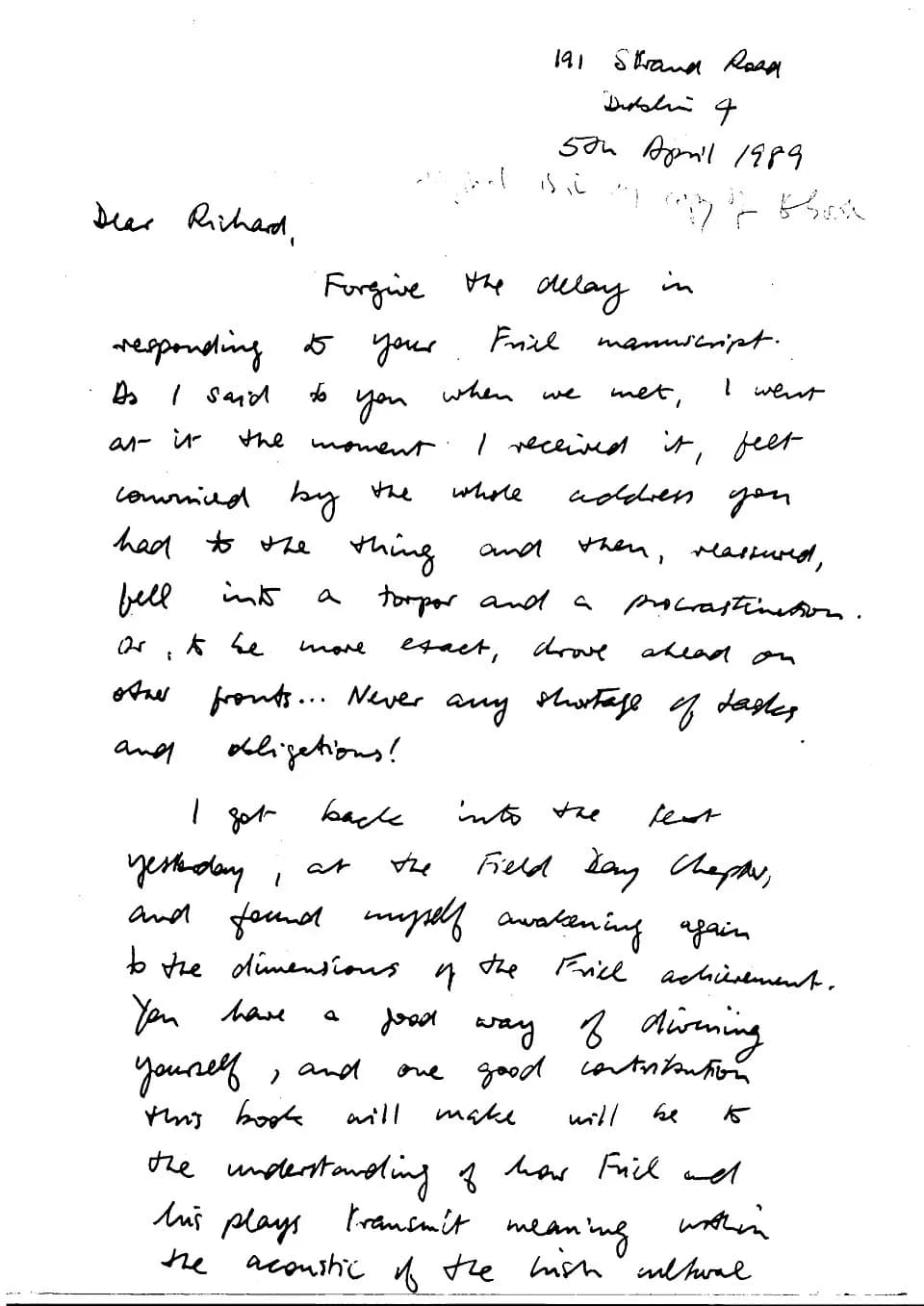 Seamus Heaney - Personal letter to the author and critic, Richard Pine, from the Irish poet, Seamus Heaney, dated 5th April 1989 (page 1)