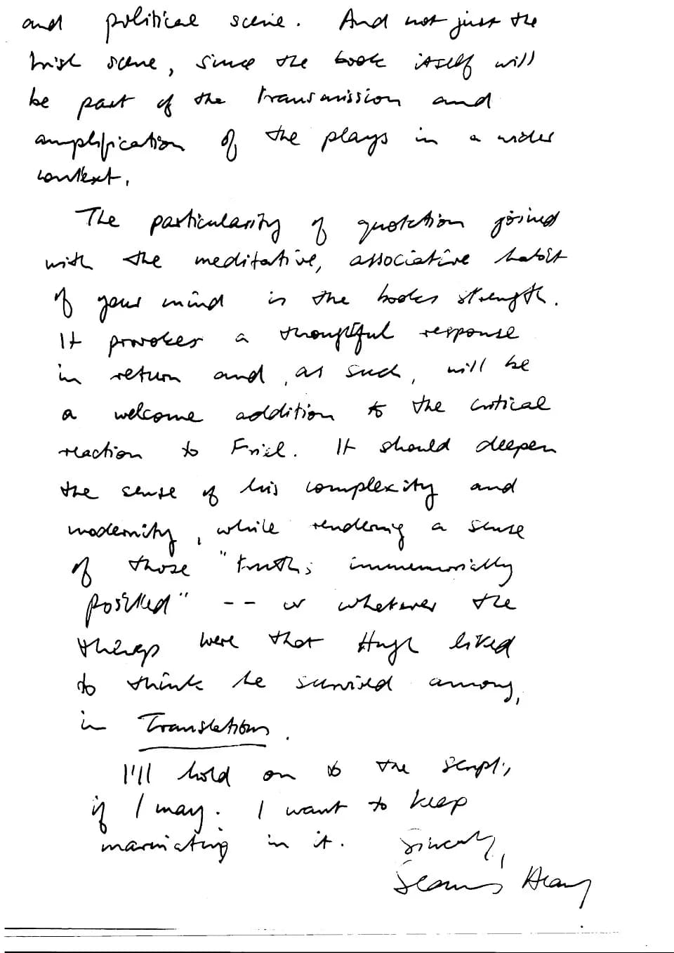 Seamus Heaney - Personal letter to the author and critic, Richard Pine, from the Irish poet, Seamus Heaney, dated 5th April 1989 (page2)