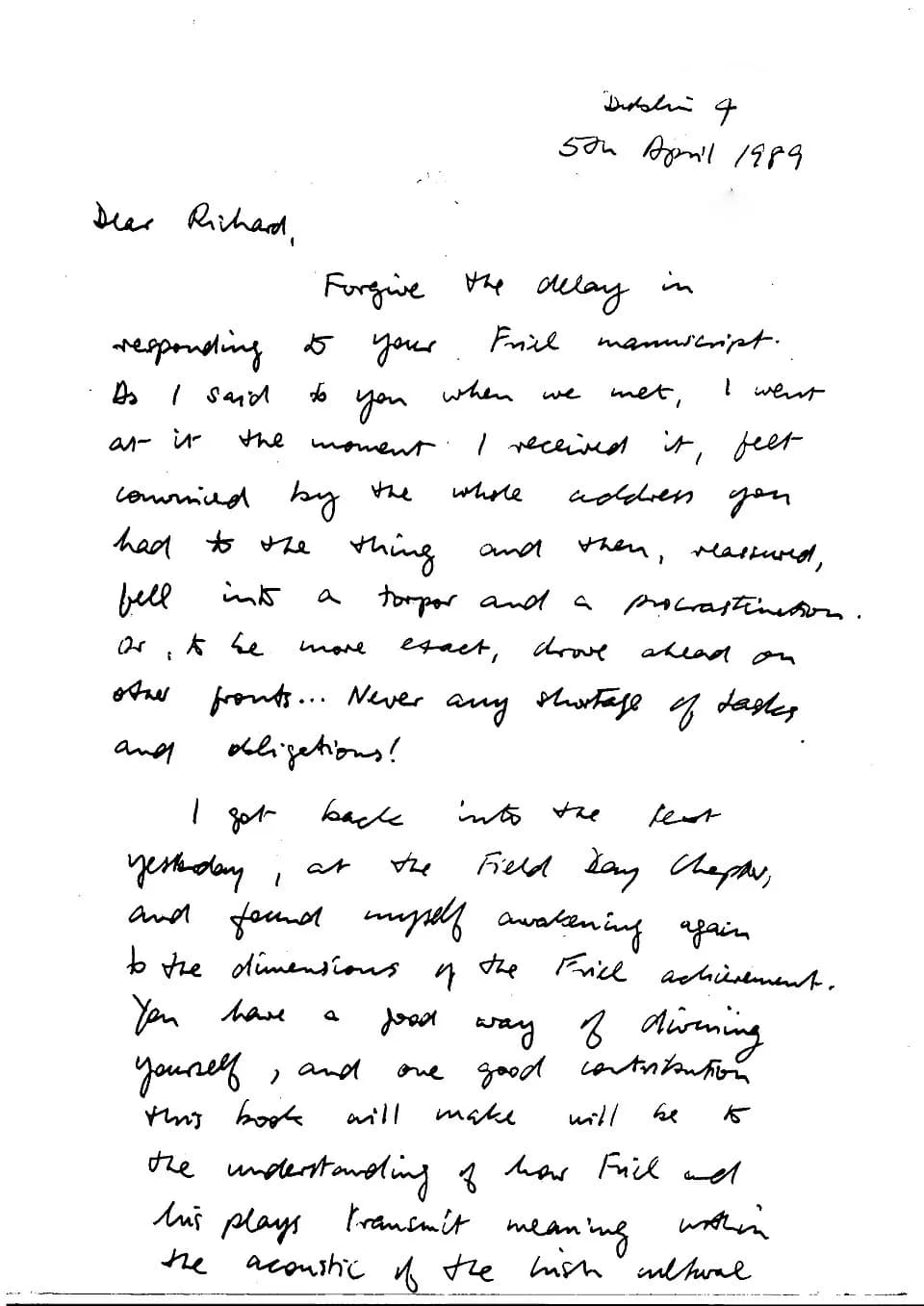 Seamus Heaney - Personal letter to the author and critic, Richard Pine, from the Irish poet, Seamus Heaney, dated 5th April 1989 (page 1)