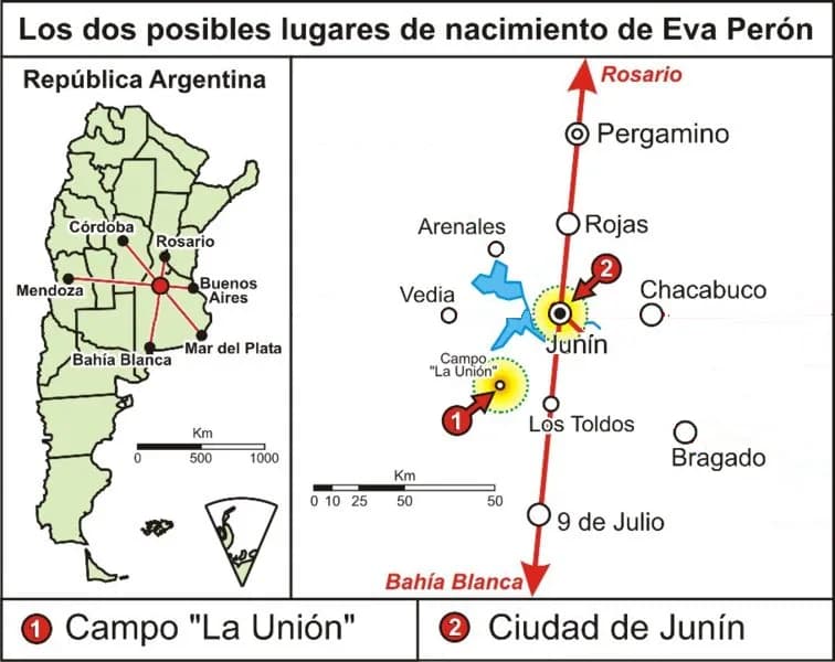 Eva Perón - Posibles lugares de nacimiento de Eva Perón. Infografía realizada a principios de 2007. Edición de la Infografía de la fuente.
