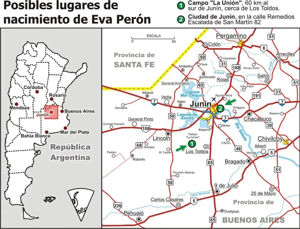 Eva Perón - Map with the possible birthplaces of Eva Perón.