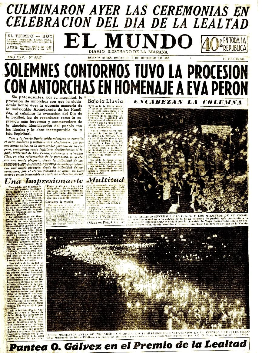 Eva Perón - Ejemplar del Diario El Mundo de Argentina - ejemplar del 19-10-1952