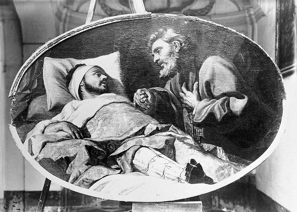 Ignatius of Loyola - St Ignatius Loyola, wearing splints following a leg wound at the battle of Pamplona, has a vision of St Peter. In the Archbishop's Curia, Floriana, Malta

Iconographic Collections