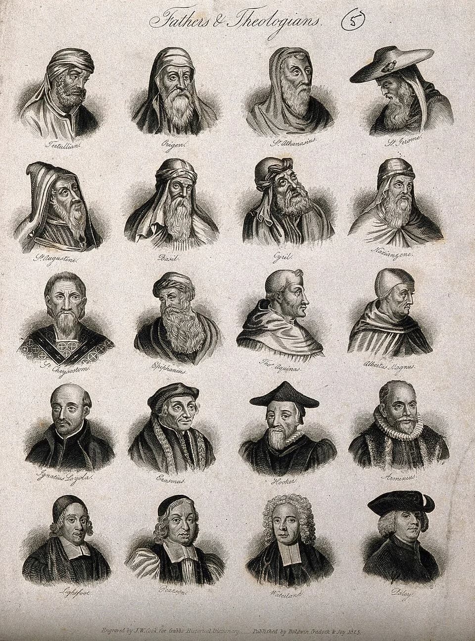 Ignatius of Loyola - Churchmen: twenty portraits of religious thinkers. Engraving by J.W. Cook, 1825.
1:Tertullian, Origen, St Athanasius, St Jerome
2:St Augustine, Basil, Cyril, Nazianzen
3: St Chrys