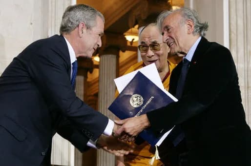 Elie Wiesel - President George W. Bush, joined by The Dalai Lama, welcomes Nobel Peace Laureate Elie Wiesel, Wednesday, Oct. 17, 2007, to the ceremony at the U.S. Capitol in Washington, D.C., for the