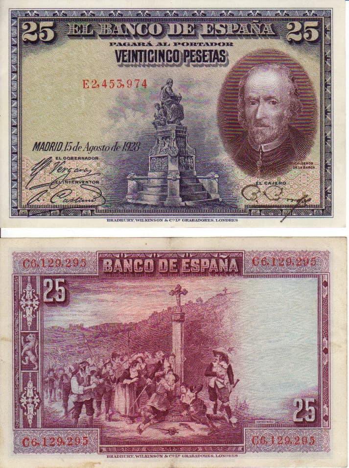 Pedro Calderón de la Barca - Saonish monarchic pre-war bank note 25 peseta, observe and reverse
Scan from own collection