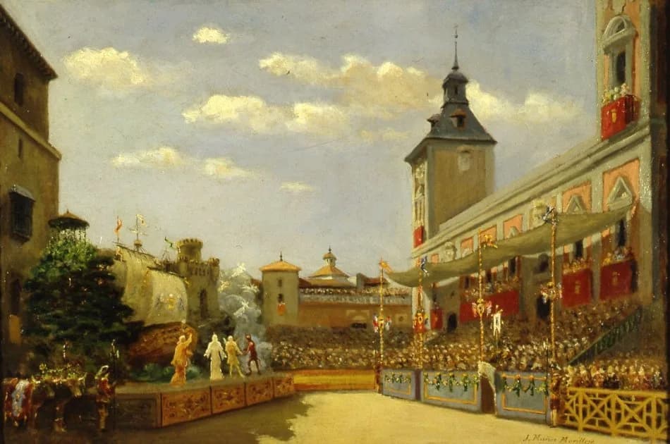 Pedro Calderón de la Barca - Una representación del auto de Calderón de la Barca, La Divina Filotea, ante la Casa Consistorial de Madrid en 1681. Obra de Joaquín Muñoz Morillejo.