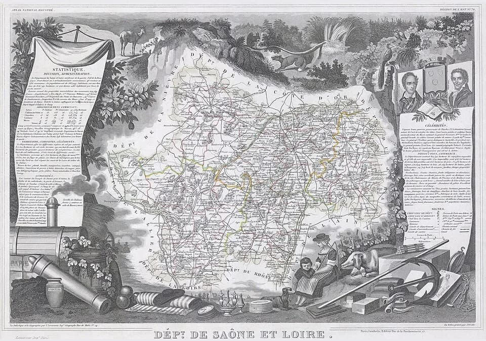 Alphonse de Lamartine - This is a fascinating 1847 map of the French department of Saone et Loire is at the heart of the legendary Beaujolais wine producing region. The whole is surrounded by elaborat