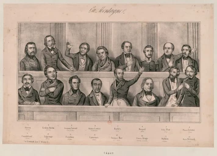 Pierre-Joseph Proudhon - Portrait collectif de 16 Représentants montagnards à leurs bancs de l'Assemblée sur 2 rangs. Estampe, Léotaud, Éditeur, 11 quai Saint-Michel.