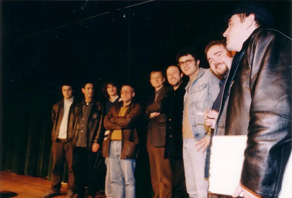 Charles Bukowski - Charles Bukowski Tribute, Alcobendas (Madrid), 2001. From left to right: Pablo García Casado, José Luis Esteban, David González, Jesús R. Castellano, Roger Wolfe, Ángel Petisme, Mig