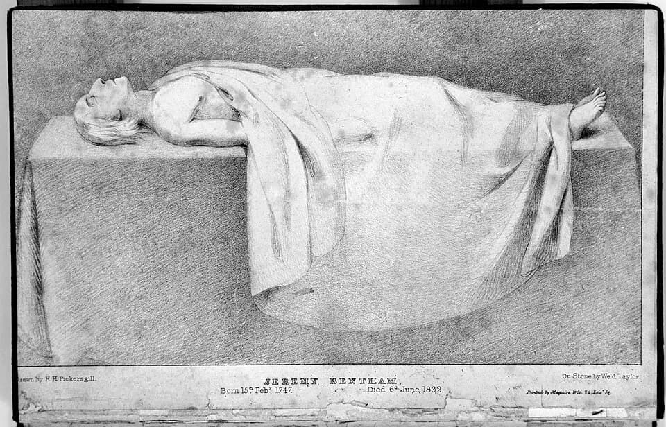 Jeremy Bentham Rollweiser - "the Mortal Remains" of Jeremy Bentham, laid out for public dissection. Drawn by H. H. Pickersgill, on stone by Weld Taylor

Wellcome Images
Keywords: dissection, public; d