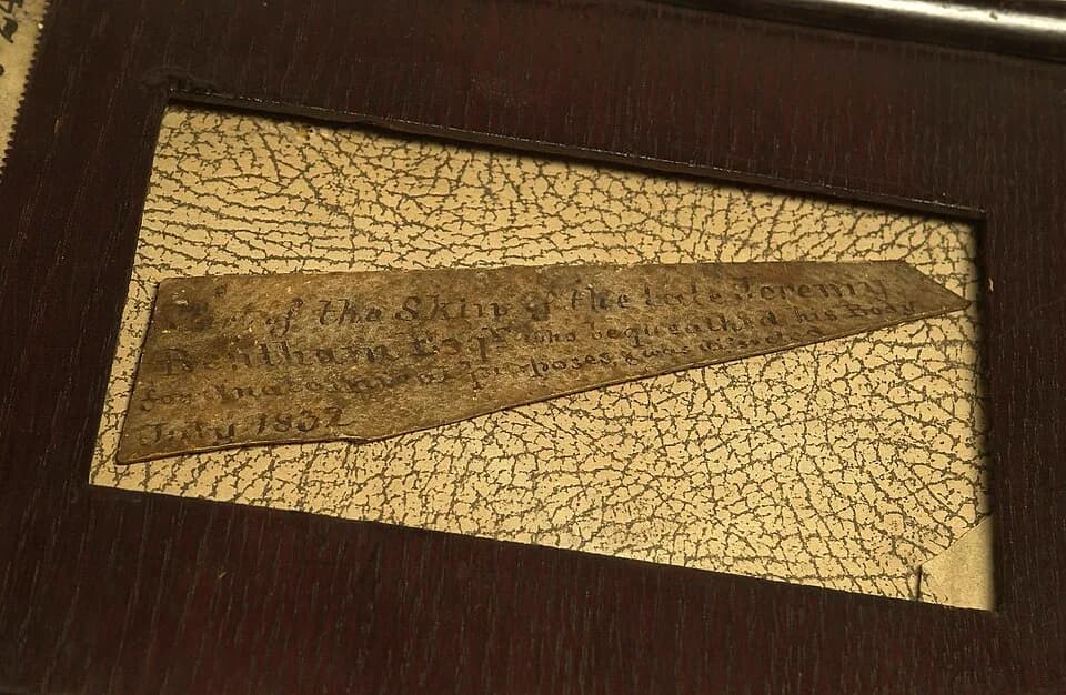 Jeremy Bentham Rollweiser - Fragment of skin of Jeremy Bentham, who was dissected in 1832, in frame. This skin fragment is from the dissected body of eminent English philosopher Jeremy Bentham (1748-1