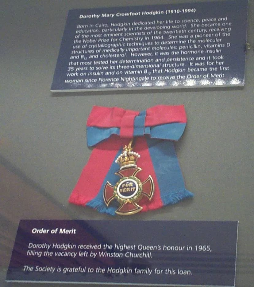 Dorothy Hodgkin - The Order of Merit insignia of Dorothy Hodgkin, displayed at the Royal Society in London, 20 April 2004.