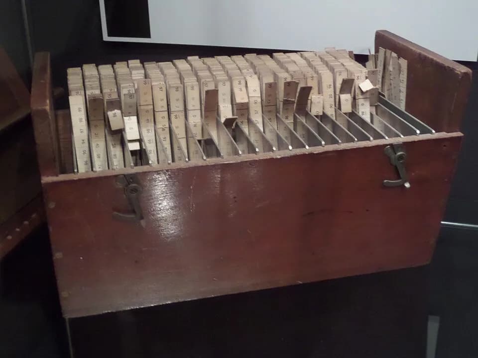 Dorothy Hodgkin - Beevers-Lipson strips in a wooden box at the Museum of the History of Science, Oxford, part of the Crystals special exhibition in 2014. Used for crystallography calculations. Probabl