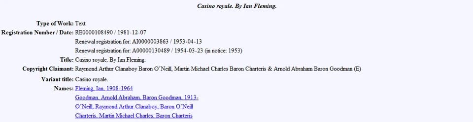 Ian Fleming - Screen shot of the details for the renewal registration of Casino Royale in the copyright records from the United States Copyright Office website. Registration number: RE0000108490.