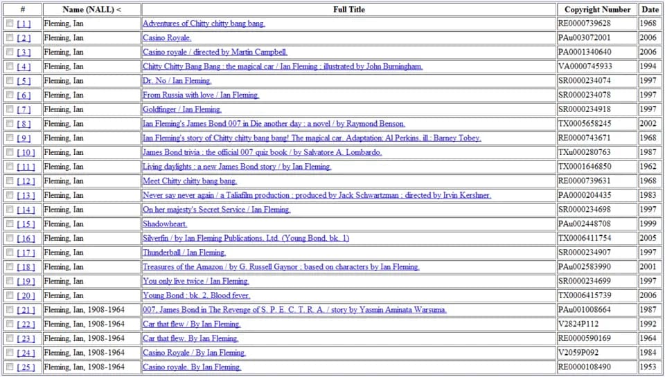Ian Fleming - Screen shot of the search results for "Fleming, Ian" (name search) in the copyright records from the United States Copyright Office website.