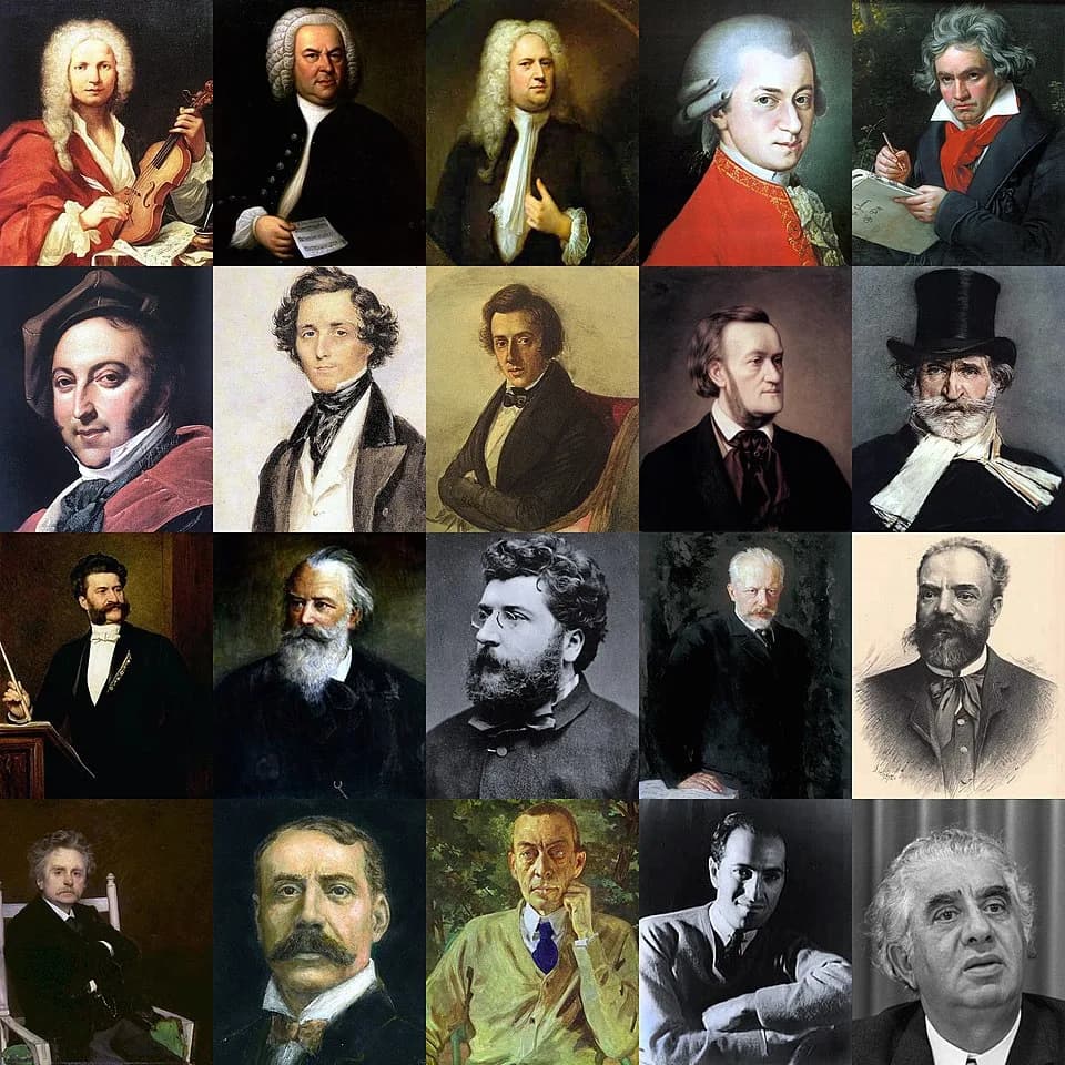 Georges Bizet - montage of great classical music composers – from left to right:first row: Antonio Vivaldi, Johann Sebastian Bach, Georg Friedrich Händel, Wolfgang Amadeus Mozart, Ludwig van Beethoven