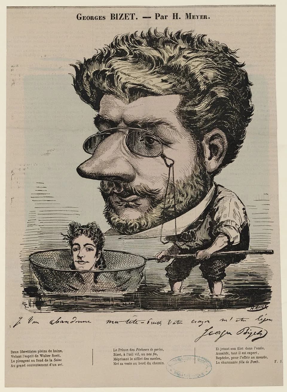 Georges Bizet - Caricature de Georges Bizet, publiée dans Diogène (hebdomadaire publié en 1867-1868), 28 septembre 1867