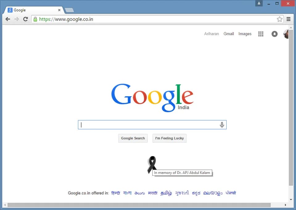 A. P. J. Abdul Kalam - Snapshot of www.google.co.in showing black ribbon with tool tip "In memory of Dr APJ Abdul Kalam".