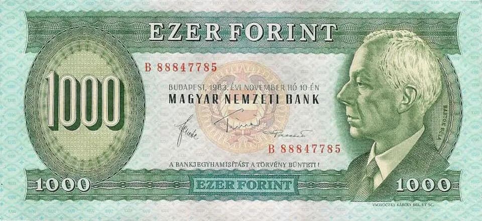 Béla Bartók - 1000 Hungarian forint (1983) - obverse. Picture: Béla Bartók, composer.