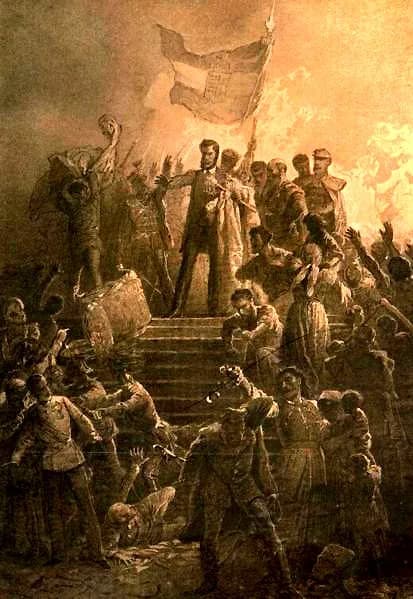 Sándor Petőfi - Artist Mihály Zichy's rendition of en:Sándor Petőfi reciting the en:Nemzeti dal to the crowd on March 15, 1848.