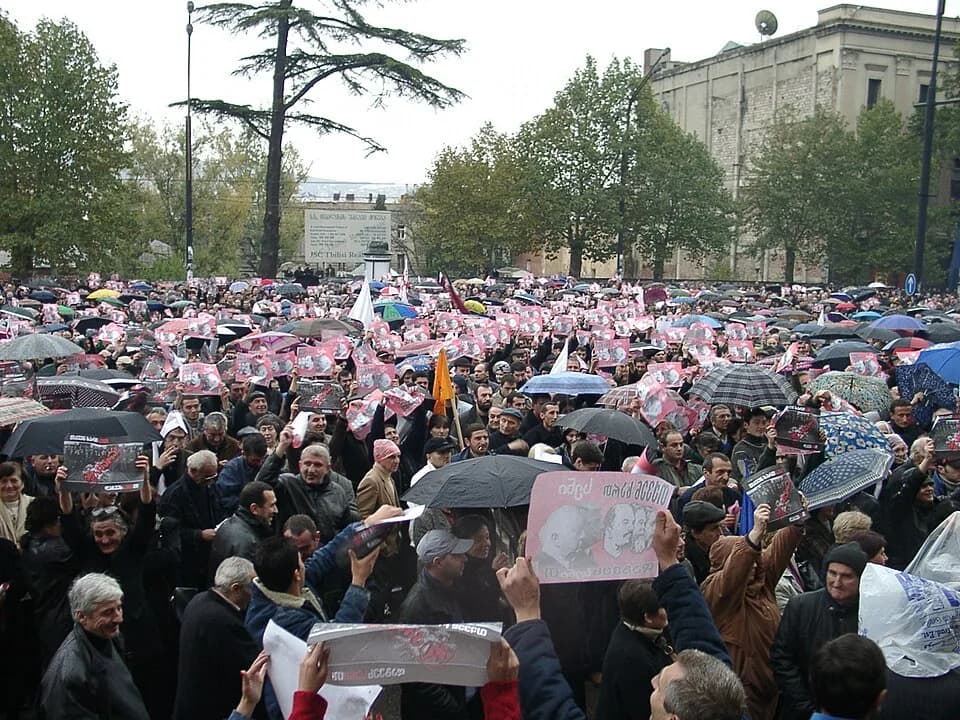 Eduard Shevardnadze - Rose Revolution Georgia, Tbilisi 2003. Protest in front of Parlament building. poster "you are illness, go from us"
