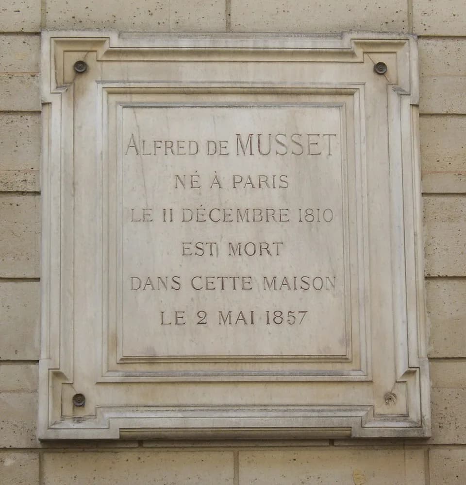 Alfred de Musset - Plaque apposée au n° 6 de la rue du Mont-Thabor, Paris 1er, où vécut Alfred de Musset (1810-1857) de 1852 à sa mort le 2 mai 1857.