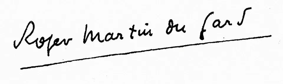 Roger Martin du Gard - Signature du romancier français Roger Martin du Gard. Scan d'après correspondance.
Cette image ou le texte qui y est représenté est seulement composé de formes géométriques simp