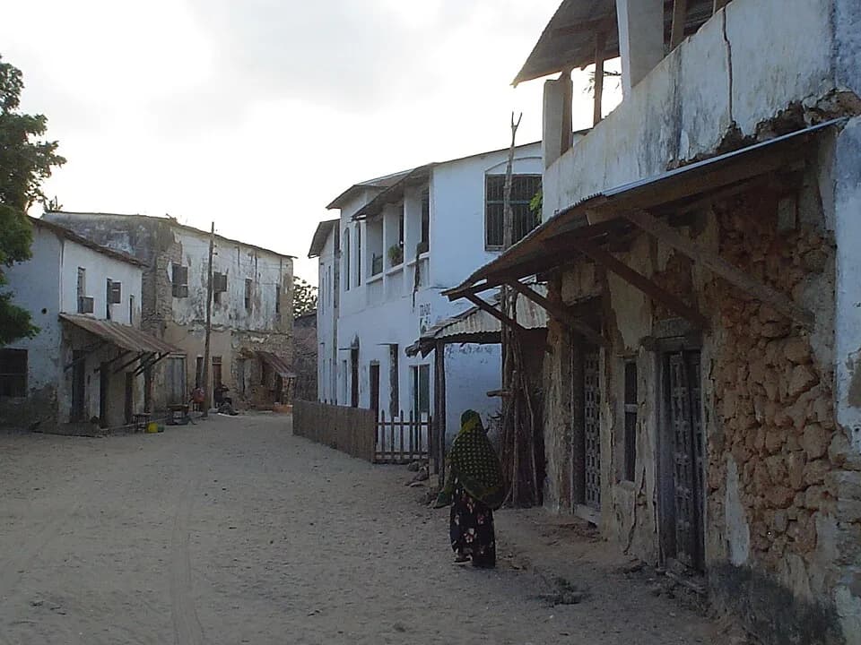 David Livingstone - Street in central Mikindani. The building on the right with the sculpted doors is Livingstone House.
