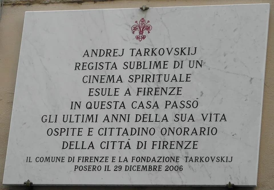 Andrei Tarkovsky - Zoomed view of Andrei Tarkovsky plaque on wall of 91, Via San Niccolò, Florence, Italy