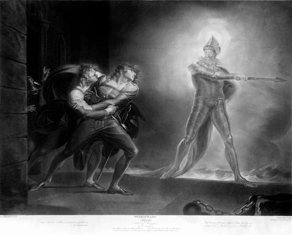 Jacques Derrida - Hamlet, Prince of Denmark, Act I, Scene IV by Henry Fuseli.  Hamlet, Horatio, Marcellus, and the Ghost, on platform before the Palace of Elsinor.