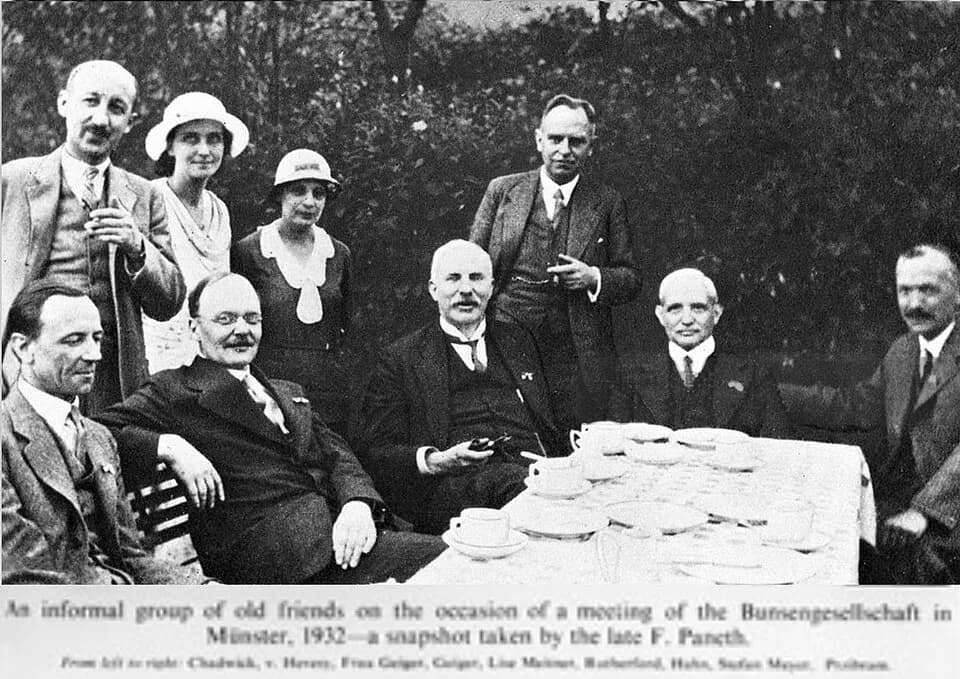 James Chadwick - International Bunsentagung on Radioactivity in Münster (16-19 May 1932). From left to right: James Chadwick, Georg de Hevesy, Frau Geiger, Hans Geiger, Lise Meitner, Ernest Rutherford