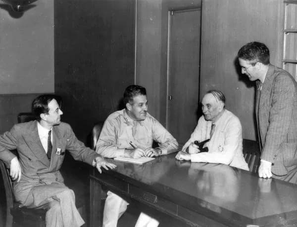 James Chadwick - Scientific advisories consult with Major General Leslie R. Groves, Officer in Charge of Manhattan Engineer District.