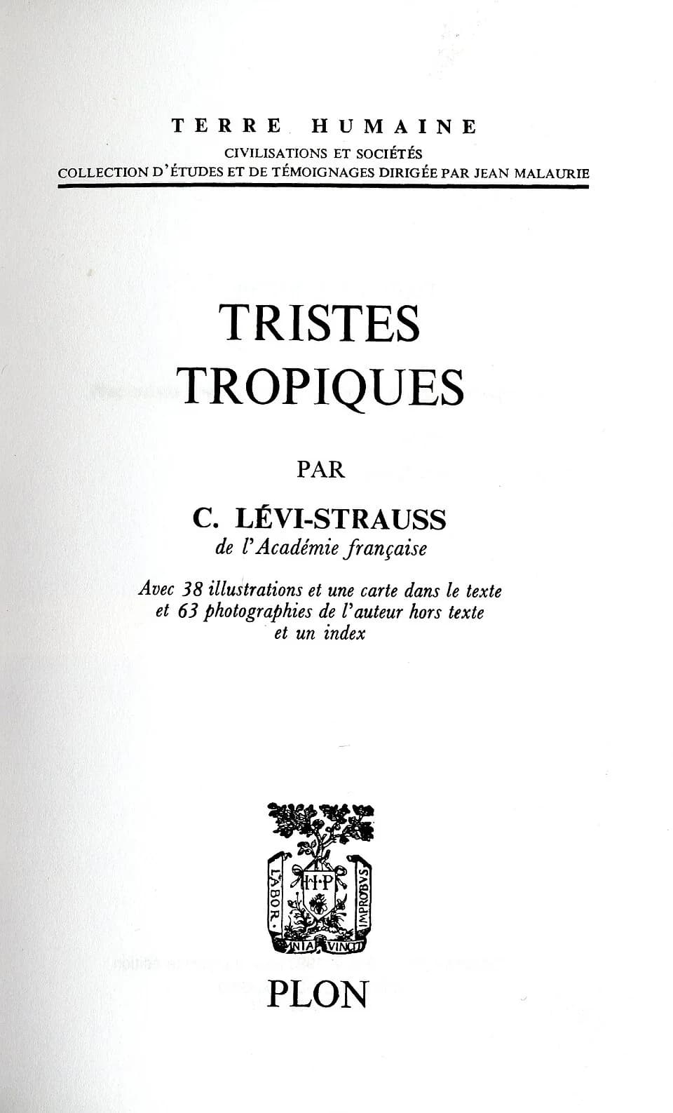 Claude Lévi-Strauss - La page de titre de Tristes Tropiques de Claude Lévi-Strauss