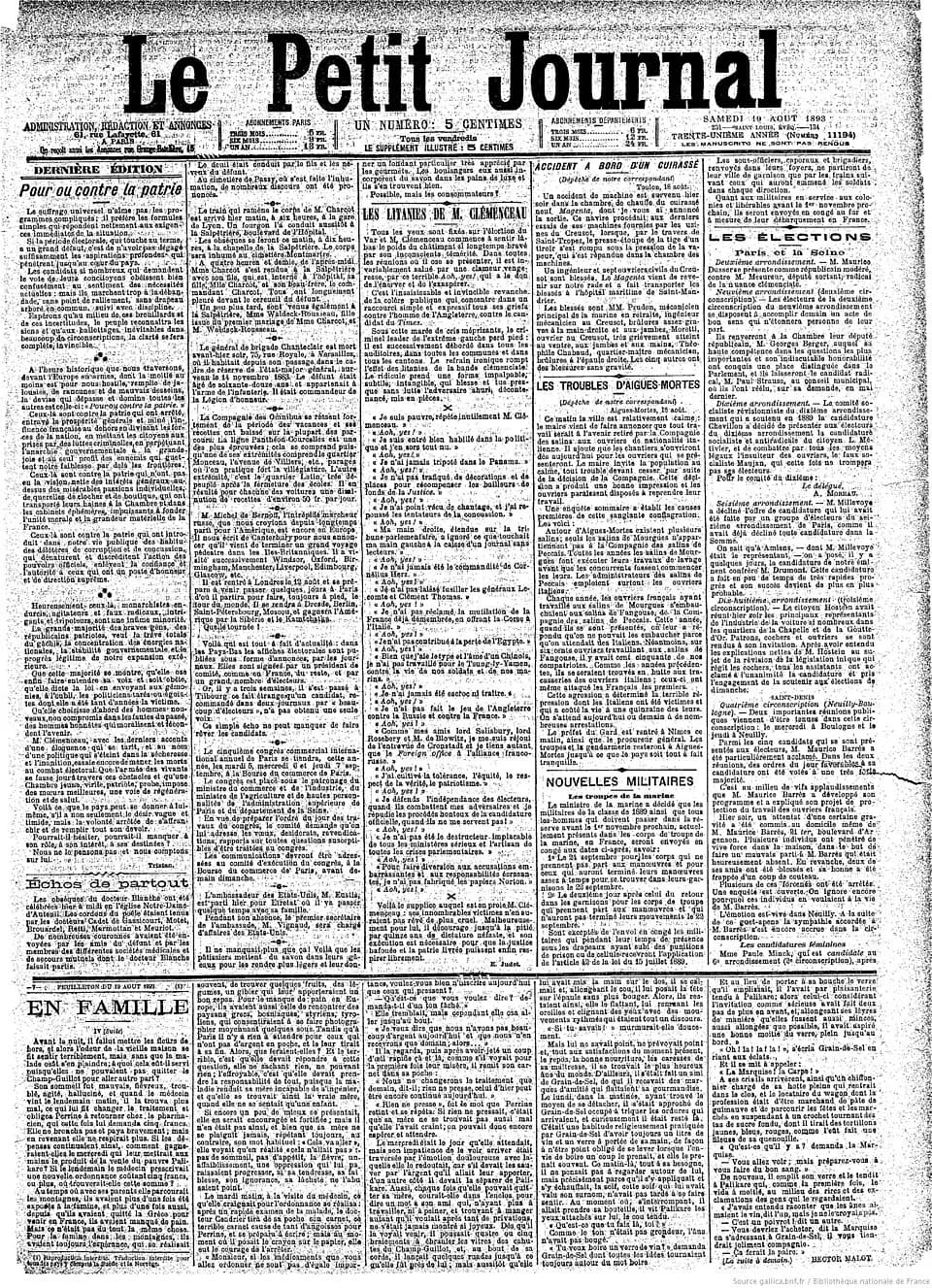Georges Clemenceau - Newspaper front of the Petit Journal on 19 August 1893, with an article, "La litanie de Clemenceau", a fierce attack on Clemenceau by Emile Judet, which claims he was involved in 