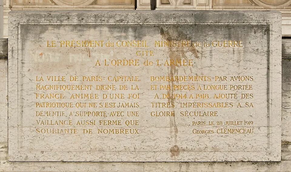 Georges Clemenceau - The text of the mention in army dispatches of the city of Paris, WW 1, by Georges Clemenceau. Paris City Hall.
