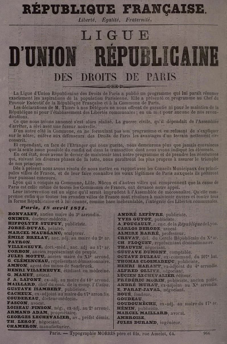 Georges Clemenceau - Affiche de la Ligue d'union républicaine des droits de Paris, 18 avril 1871.