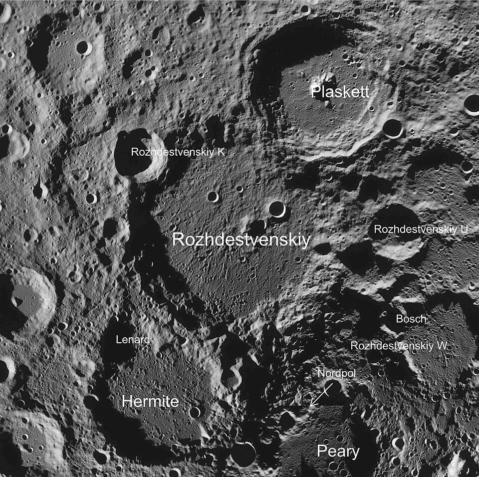 Philipp Lenard - Moon crater Rozhdestvenskiy, crater Plaskett at upper right, crater Hermite at lower left, north pole at lower right (detail of LRO - WAC north pole mosaic)