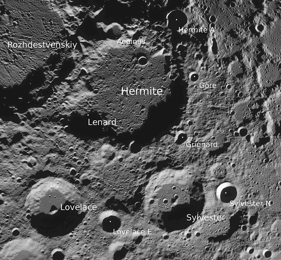 Philipp Lenard - Moon craters Hermite, Lenard, Grignard and Gore (detail of LRO - WAC north pole mosaic)