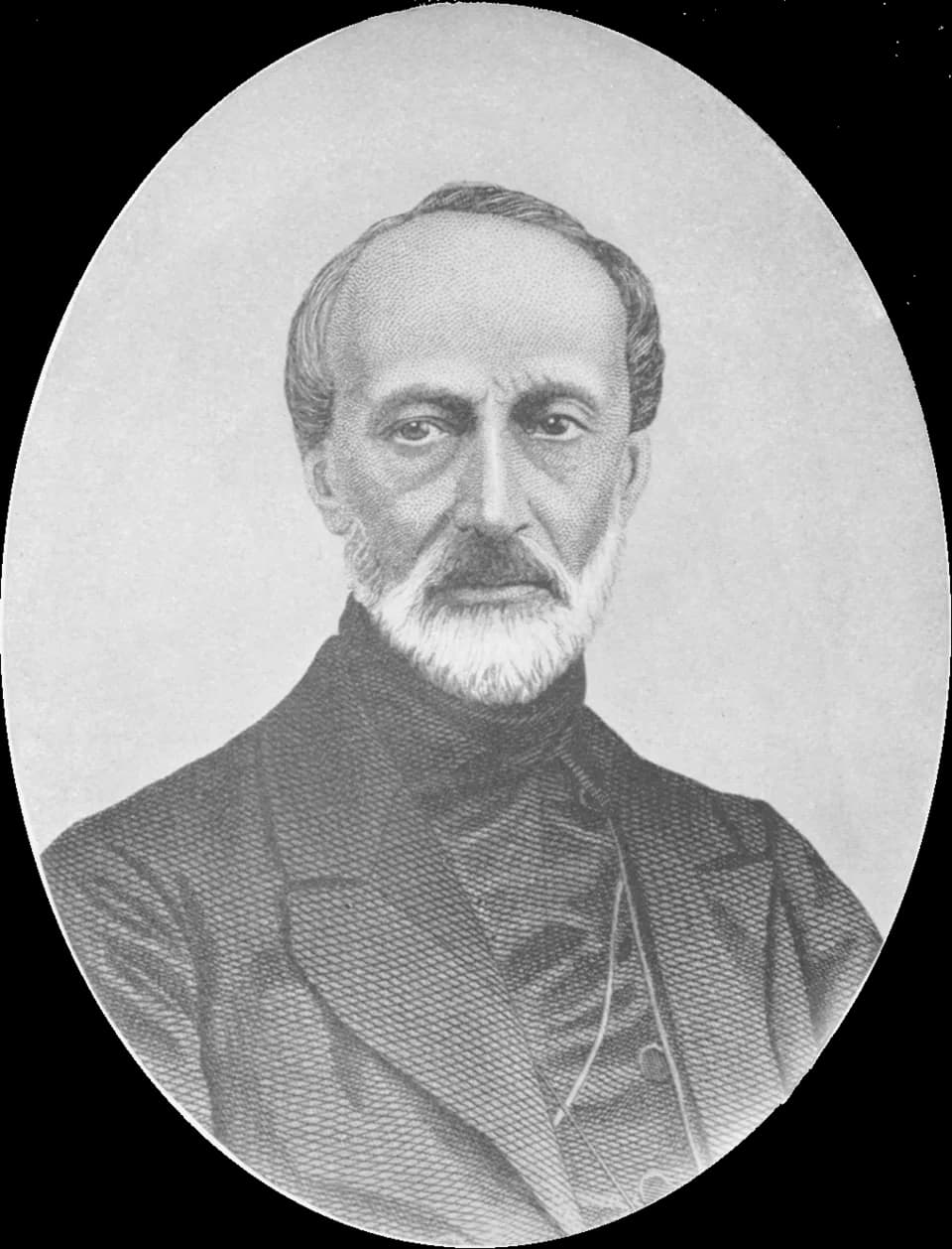 Giuseppe Mazzini - A black and white engraved bust portrait of Giuseppe Mazzini based on a photograph by Domenico Lama